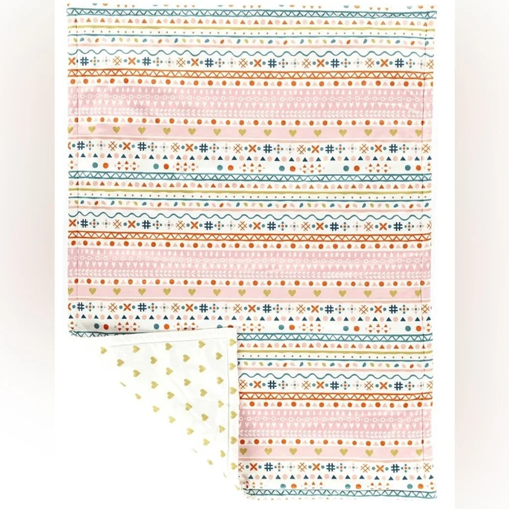Lush Baby Boho Metallic Hearts Reversible Soft & Oversized Blanket Pink & Orange
